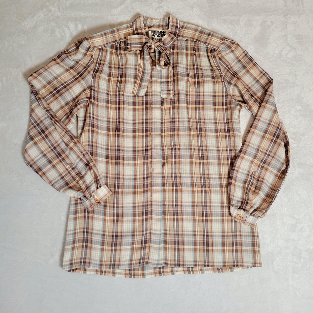 Vintage 1980s Plaid Blouse High Neck Bow Preppy Sz 10